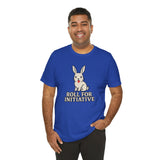 Blue crewneck T-shirt with bunny and “Roll for Initiative” front graphic