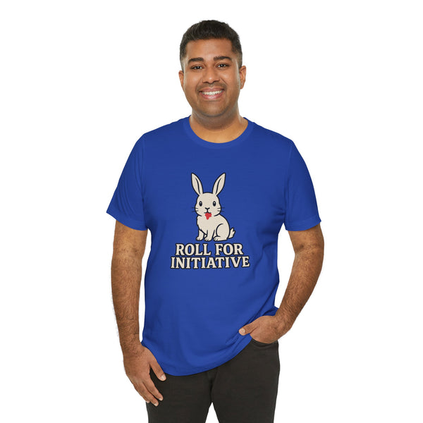 Blue crewneck T-shirt with bunny and “Roll for Initiative” front graphic
