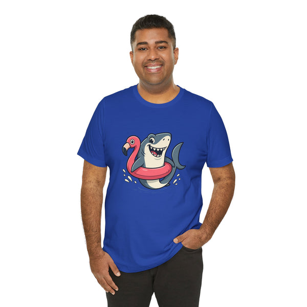 Royal blue graphic t-shirt with shark and flamingo float illustration on chest