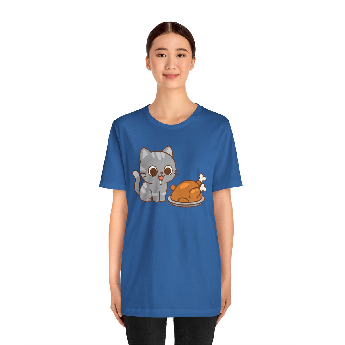 Blue kids t-shirt with cat and turkey cartoon graphic on the chest