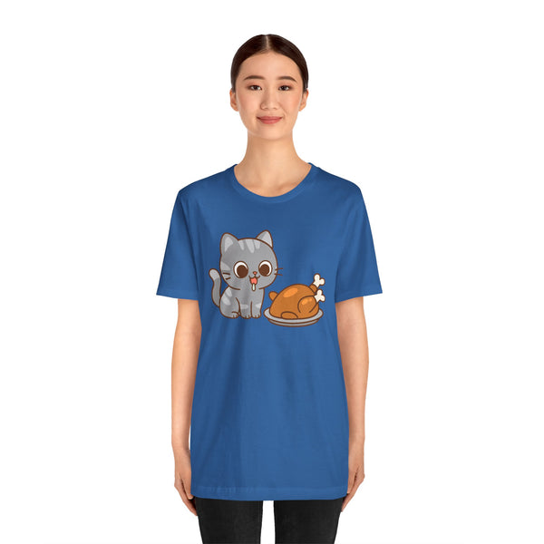Blue kids t-shirt with cat and turkey cartoon graphic on the chest