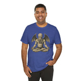 Blue unisex graphic T-shirt with chest meditating monster artwork; short sleeves