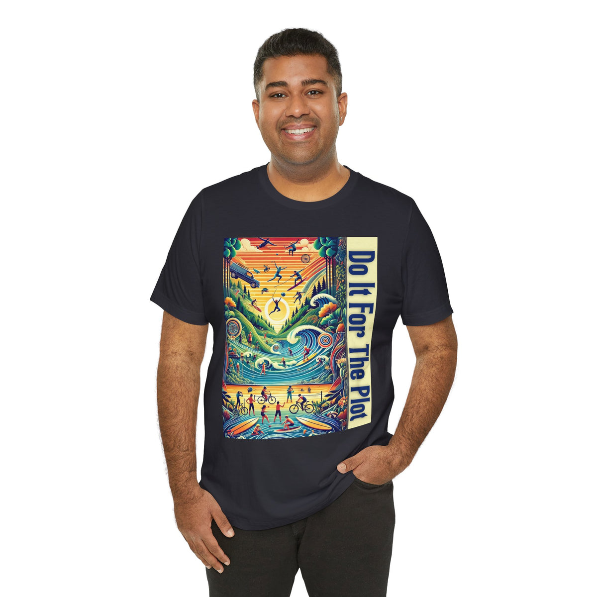 Black crew-neck T-shirt with colorful front graphic and vertical blue text