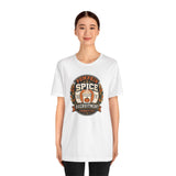 White crewneck T-shirt with Pumpkin Spice Recruitment Committee logo graphic