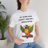 White parrot alarm clock T-shirt, 'Snooze button' quote with green conure illustration