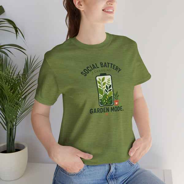 Olive green graphic T-shirt with “Garden Mode” plant battery front print