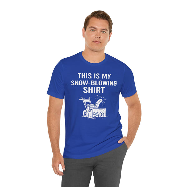 Royal blue snow-blowing T-shirt with white snowblower graphic, crew neck