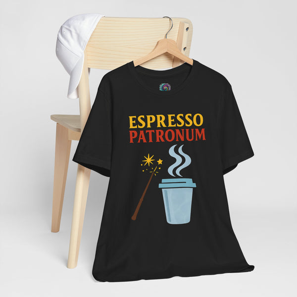 Black short-sleeve T-shirt with “ESPRESSO PATRONUM” text and coffee cup graphic on hanger