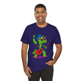 Dark purple crewneck T-shirt with green punk triceratops and red guitar graphic