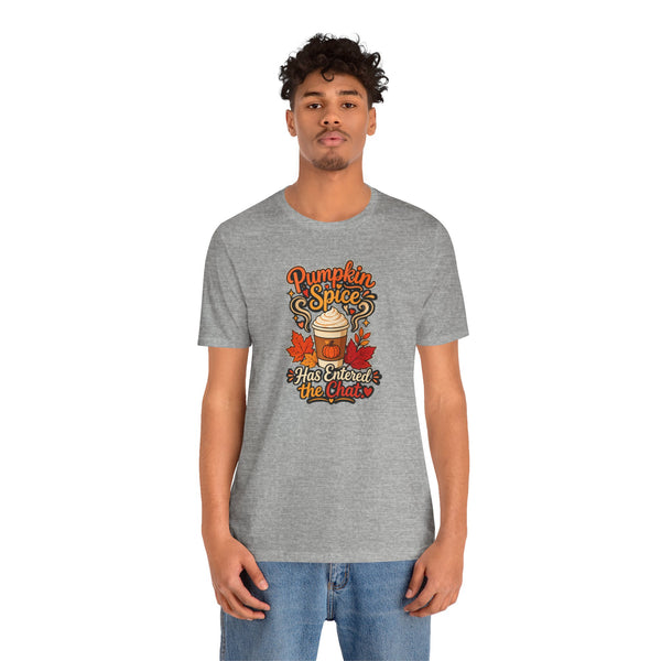 Heather gray T-shirt with Pumpkin Spice chat front print, crew neck short sleeves