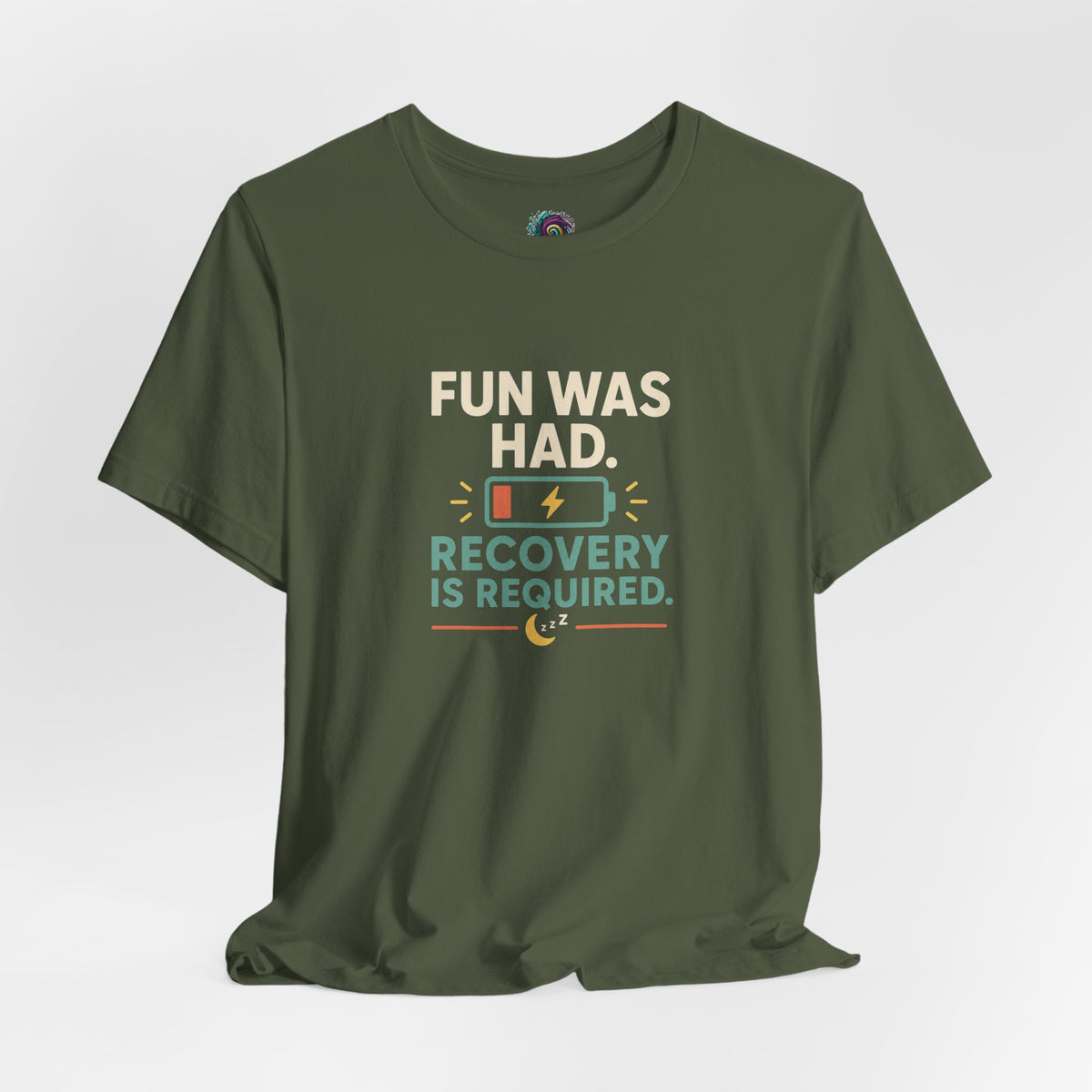 Olive green crew-neck T-shirt with “Recovery is required” graphic