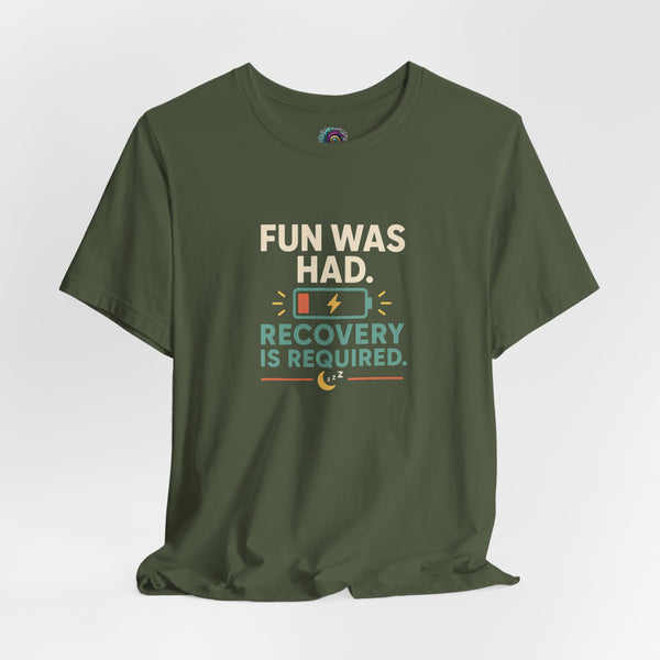 Olive green crew-neck T-shirt with “Recovery is required” graphic