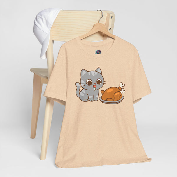 Beige crew-neck T-shirt on wooden hanger with cat and turkey print