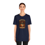 Navy crew-neck T-shirt with pumpkin spice elixir graphic on front, full-body view