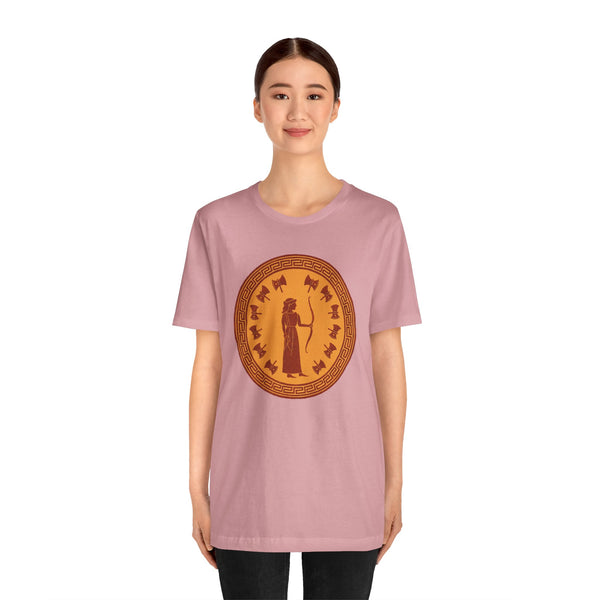 Dusty pink T-shirt with round gold Greek-style figure graphic on the chest