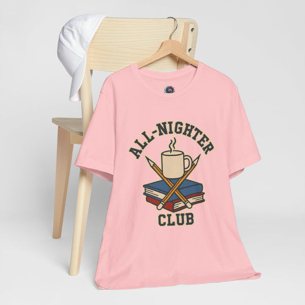 Pink crew-neck t-shirt with 'All-Nighter Club' coffee and books graphic