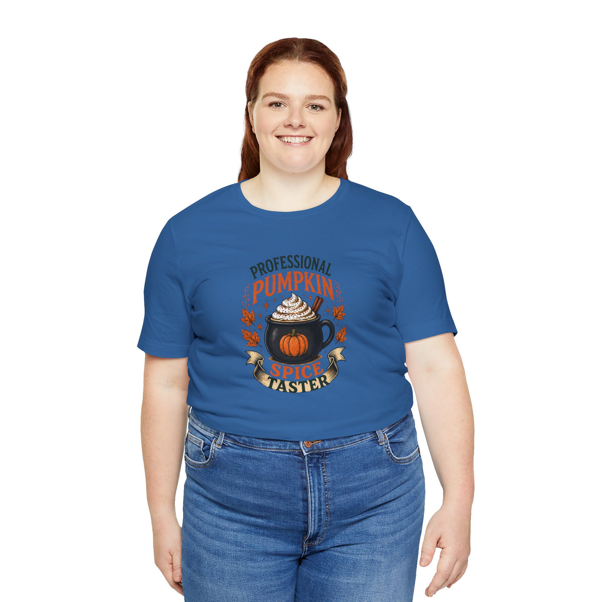 Blue crewneck short-sleeve T-shirt with “Professional Pumpkin Spice Taster” graphic