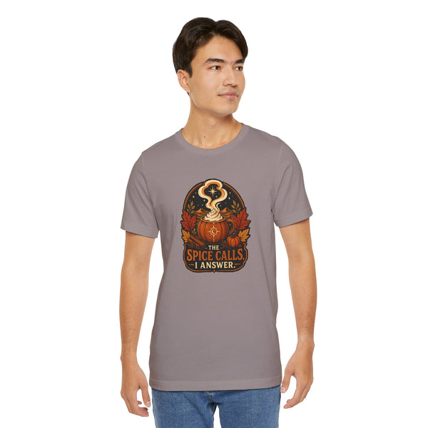 Heather gray crewneck T-shirt with pumpkin spice-themed chest graphic