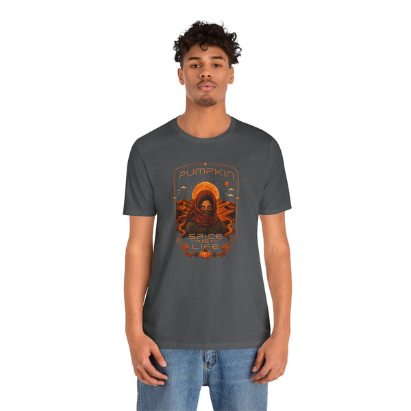 Dark gray crew-neck T-shirt with orange face-and-pumpkin spice graphic