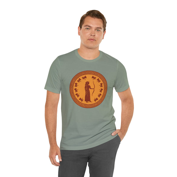 Green crewneck T-shirt with circular emblem graphic print on the chest