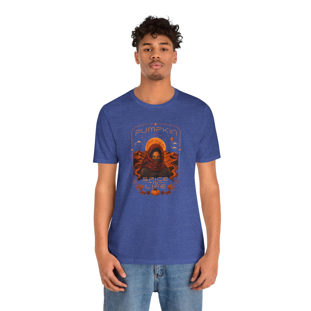 Blue crewneck t-shirt with orange sci-fi spice portrait graphic centered on chest