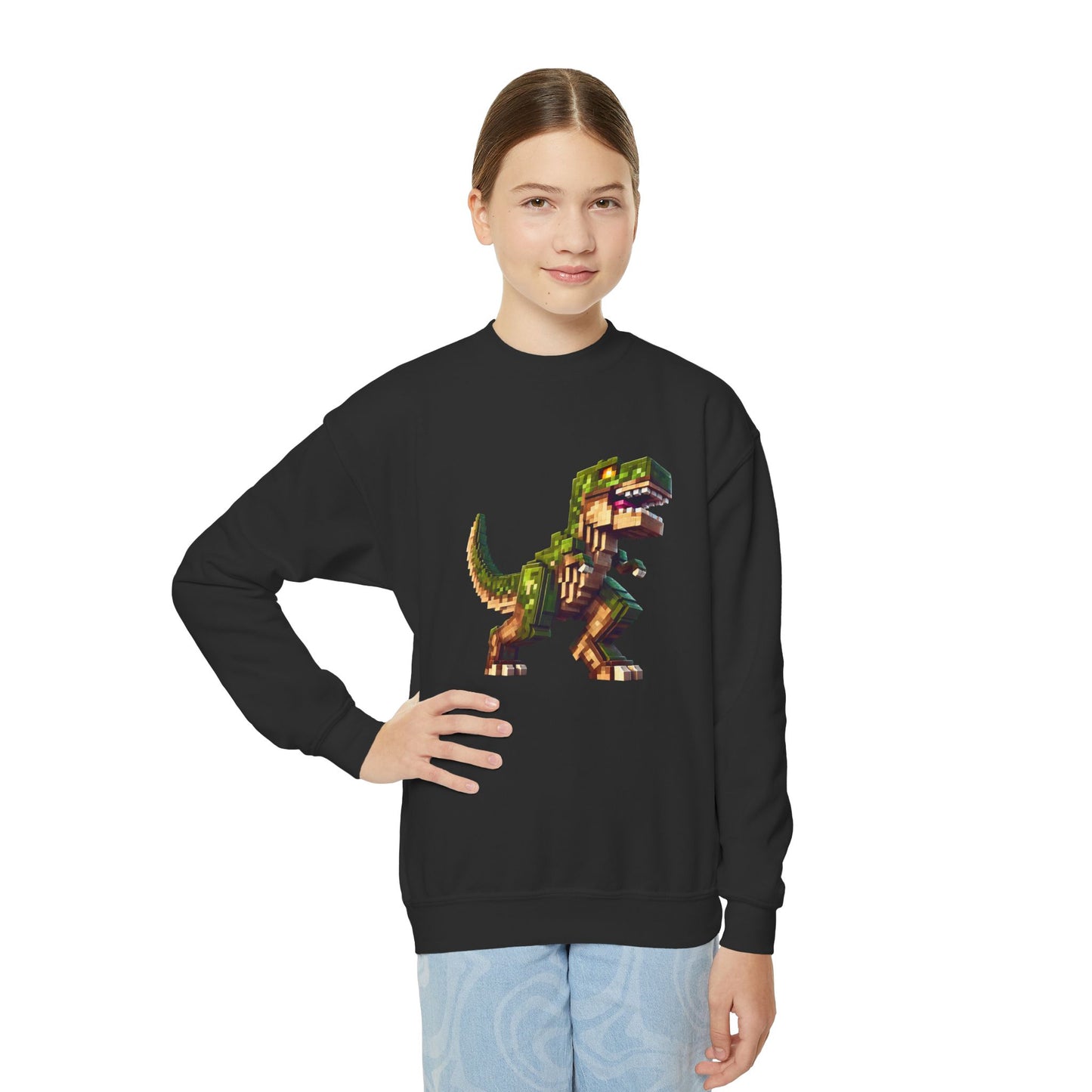 Pixel Dinosaur Youth Sweatshirt – Retro Pixel T-Rex Gamer Hoodie
