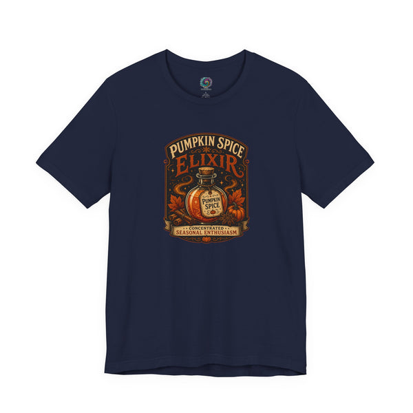 Navy crewneck T-shirt with "Pumpkin Spice Elixir" coffee graphic