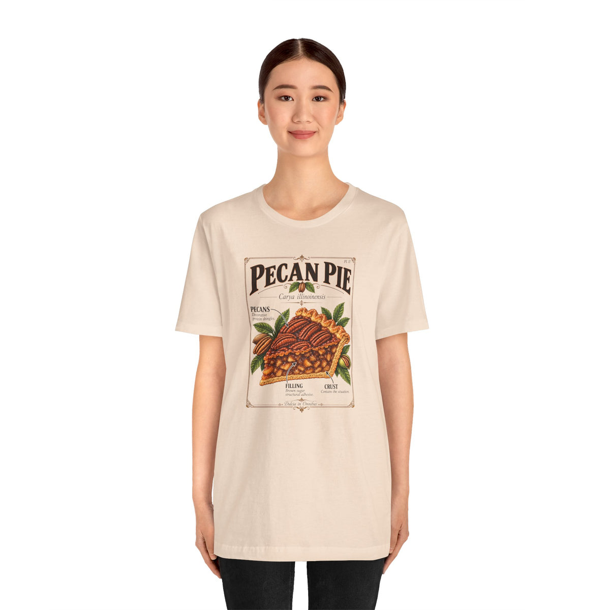 Soft cream pecan pie graphic T-shirt with vintage chest illustration, crew neck short sleeves
