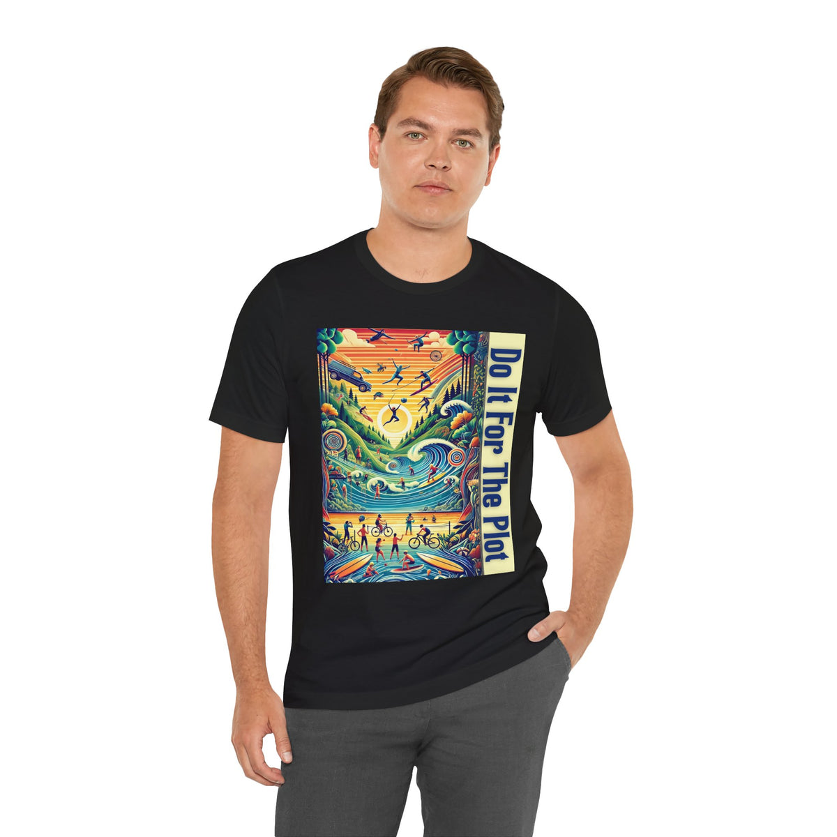 Black crew-neck graphic t-shirt with colorful square artwork and vertical blue lettering panel