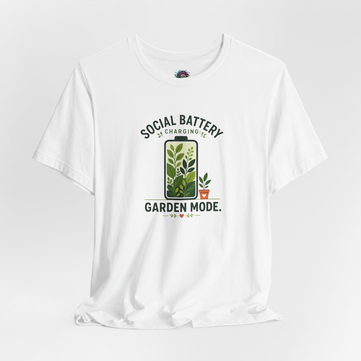White garden mode t-shirt with plant icon and 'Social Battery' 'Garden Mode' text