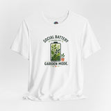 White garden mode t-shirt with plant icon and 'Social Battery' 'Garden Mode' text