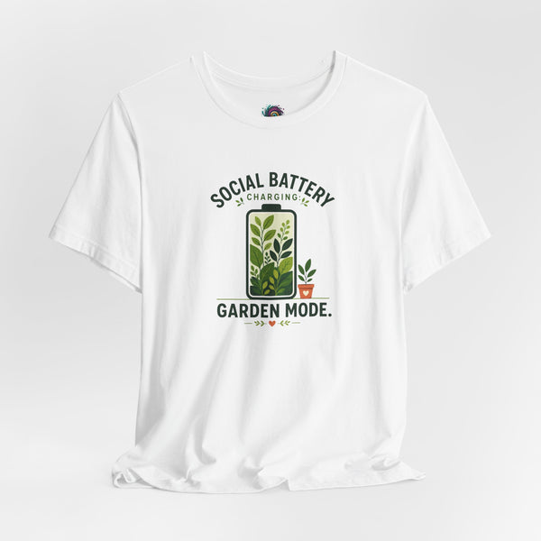 White garden mode t-shirt with plant icon and 'Social Battery' 'Garden Mode' text