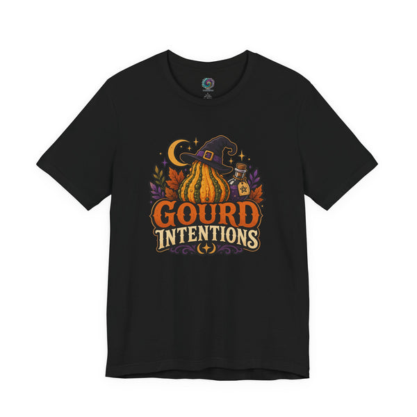 Black witch and pumpkin graphic T-shirt with “Gourd Intentions” text on front