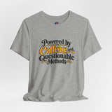 Heather gray graphic T-shirt with 'Powered by Caffeine and Questionable Methods' logo