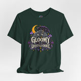 Dark green t-shirt with colorful gothic moon-and-cat graphic and stylized text logo