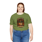 Olive green crewneck T-shirt with pumpkin spice elixir graphic print, short sleeves