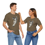 Olive heather crew-neck T-shirt featuring gray tentacled figure graphic, couple styling