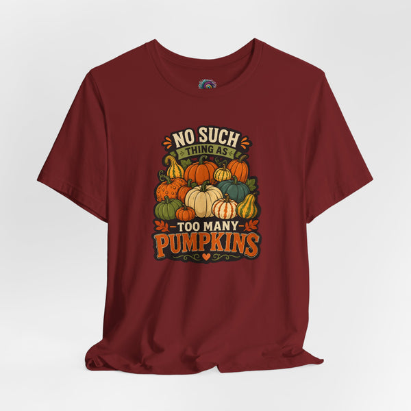 Burgundy crewneck T-shirt with colorful pumpkins and vintage-style text