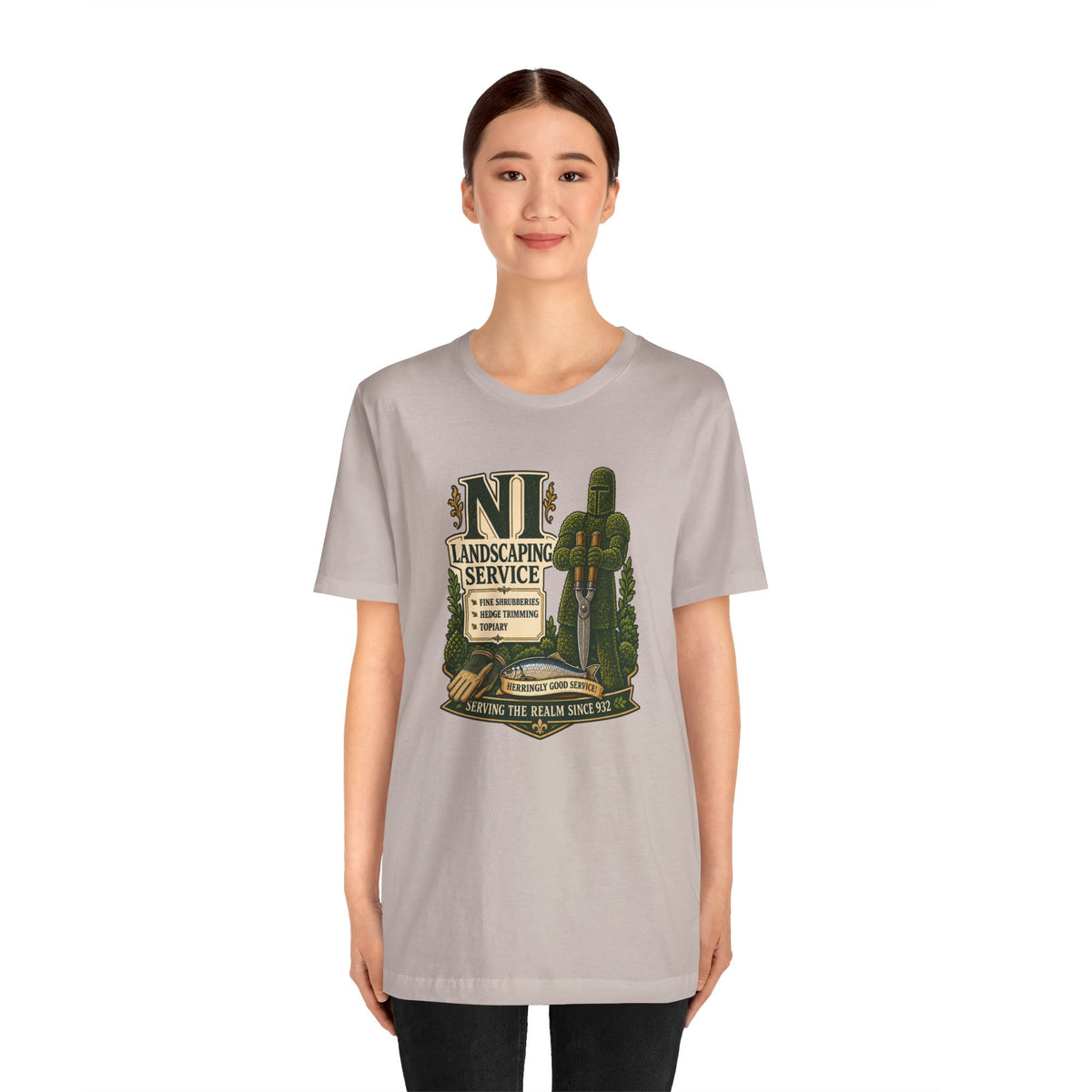 Light gray crewneck T-shirt with chest NL landscaping service graphic