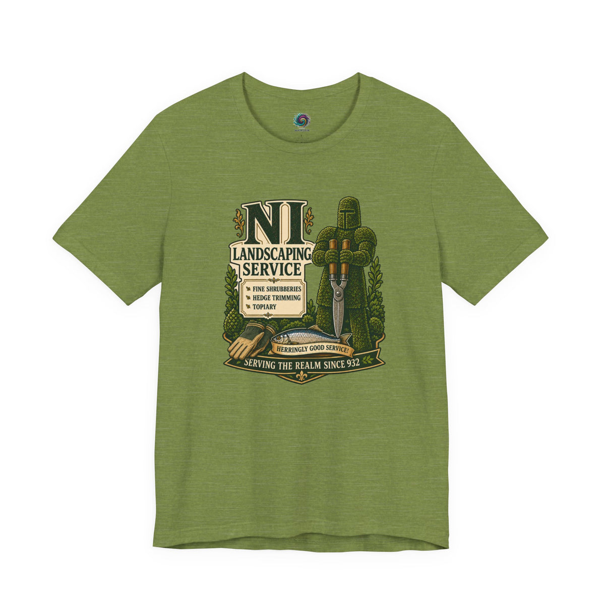 Olive green crew-neck T-shirt with green gardening-themed emblem graphic on the chest