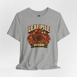 Heather gray crewneck T-shirt with Leaf Pile Recovery Mode autumn leaves graphic