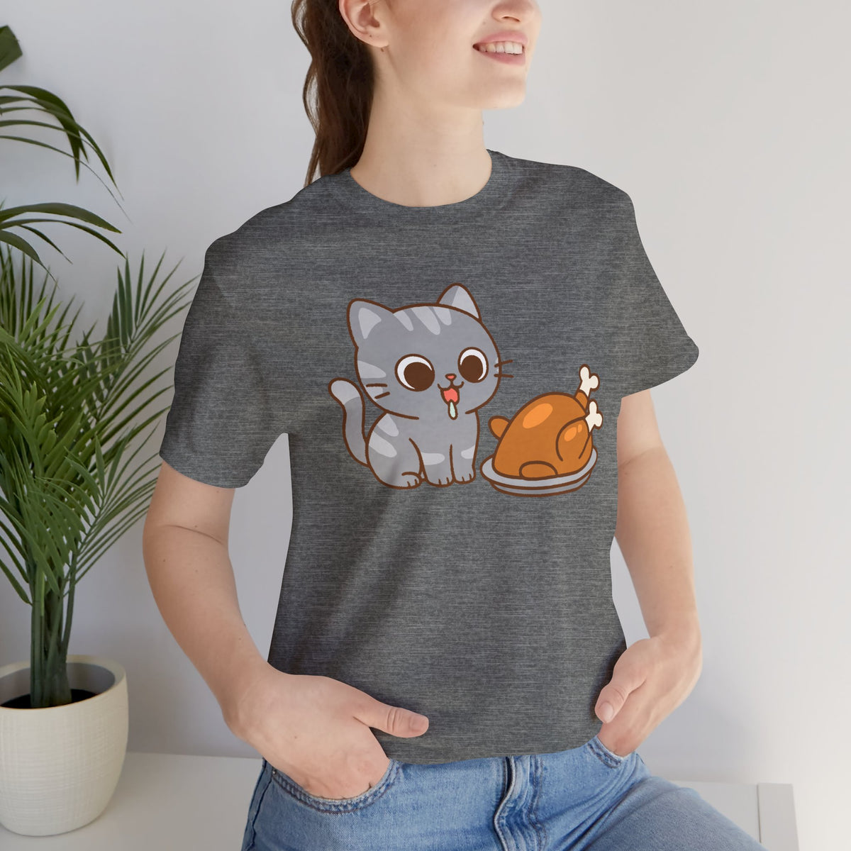 Charcoal heather crew-neck T-shirt with cat and turkey graphic