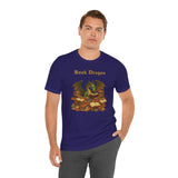 Navy men’s t-shirt with front dragon-and-books design, crew neck short sleeves