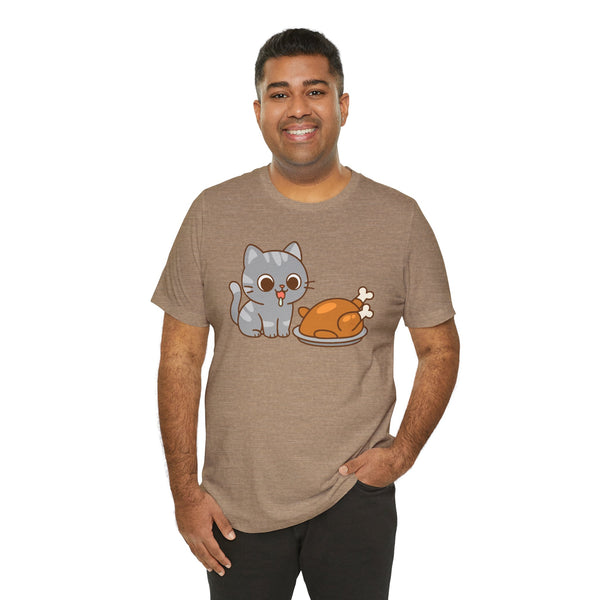 Heather brown cat and turkey graphic T-shirt, crew neck short-sleeve, smiling model