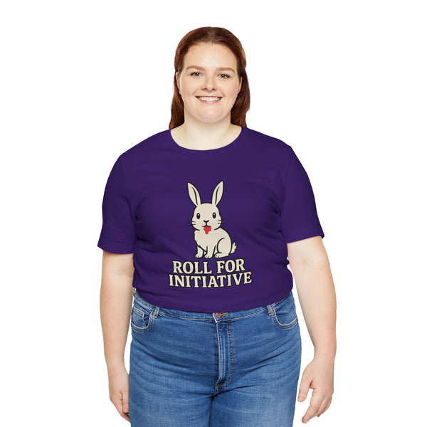 Purple T-shirt with bunny graphic and stacked “Roll for Initiative” text