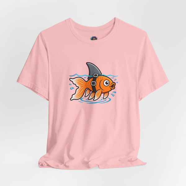 Light pink crewneck T-shirt with orange fish graphic and gray diving helmet