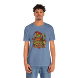 Steel blue crew-neck T-shirt with colorful Goblin Mode seasonal graphic on front