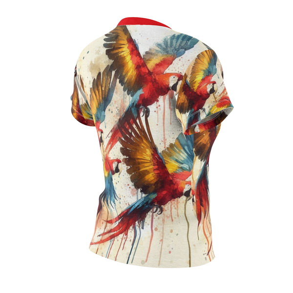 Back view: macaw watercolor all-over graphic T-shirt with red crew neck