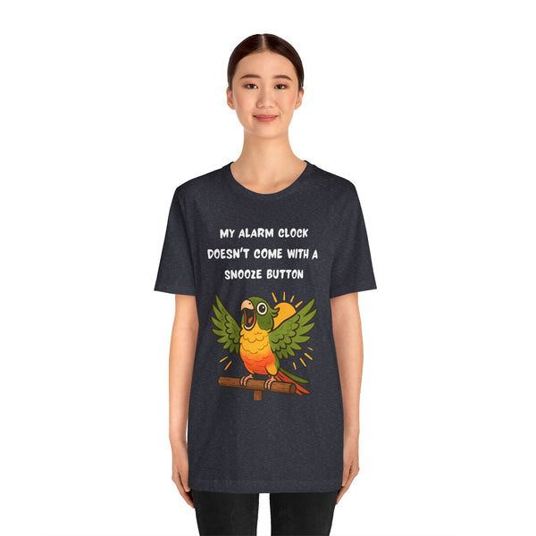 Dark heather T-shirt on model with parrot graphic and 'My alarm clock...snooze button' text