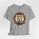 Heather gray crewneck t-shirt with Pumpkin Spice Recruitment Committee graphic, flat lay